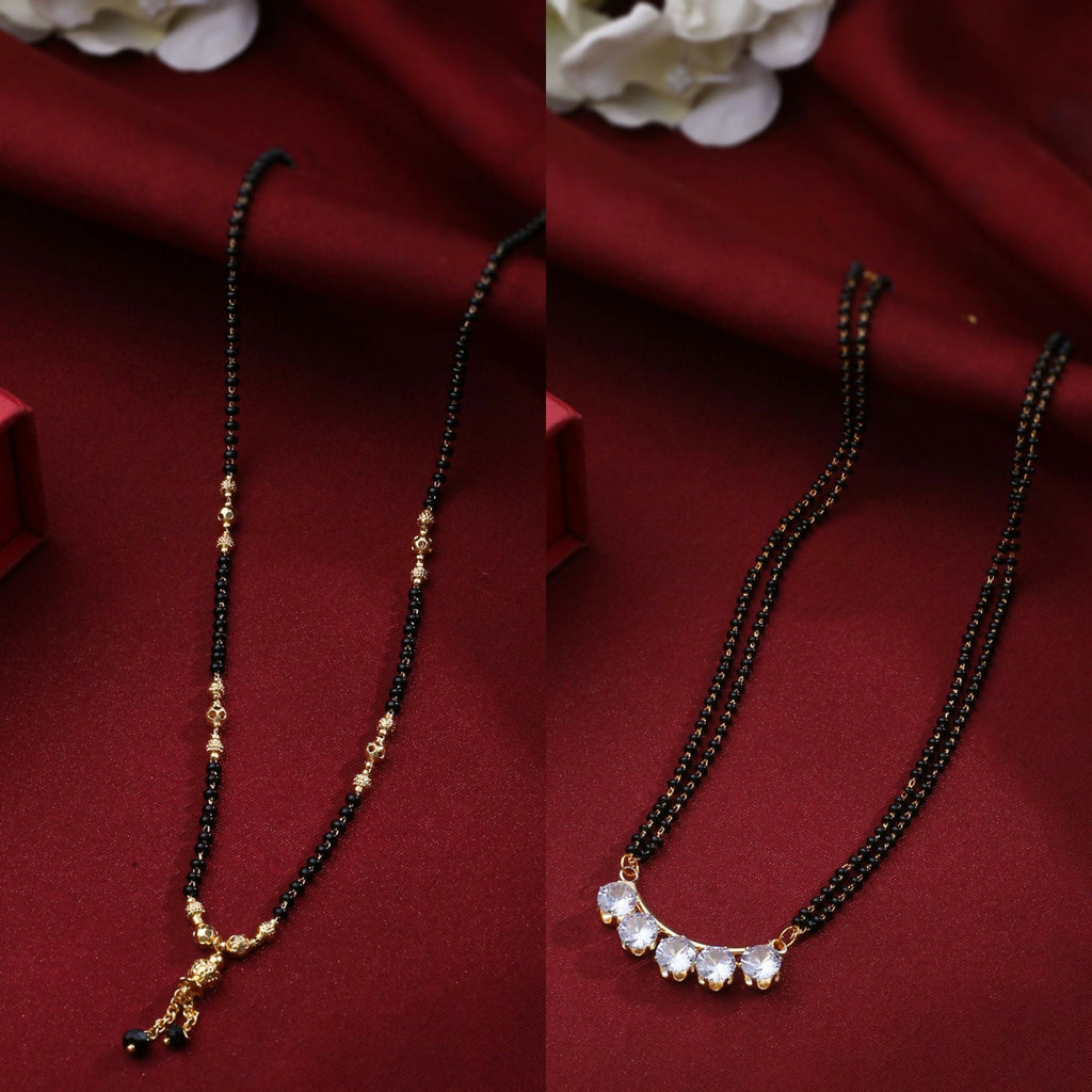 NVR Women's's Set of 2 Black Gold-Polished Beaded Mangalsutra With Ad Stone
