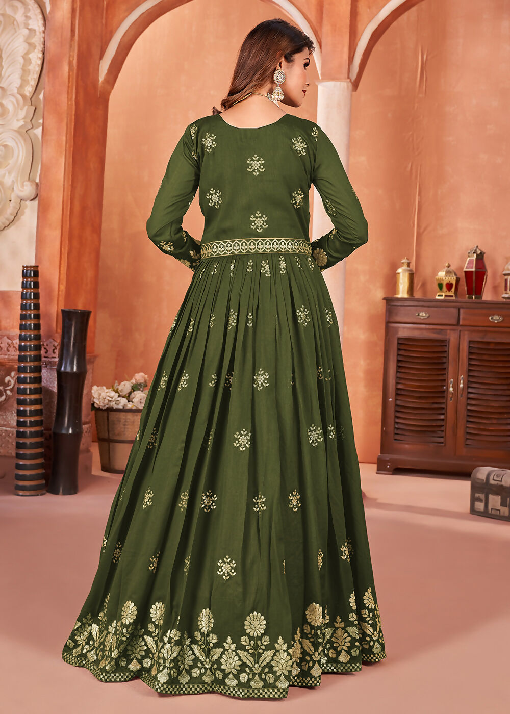 Mehndi Green Festive Embroidered Art Silk Anarkali Suit - Emponline