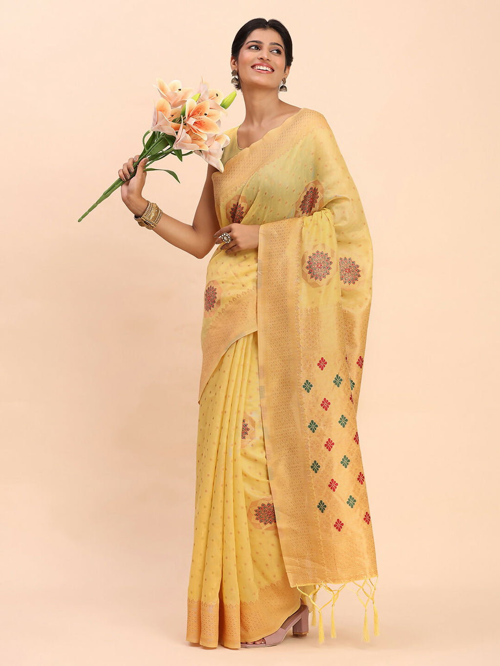 Shree Shyam Fashion Linen Cotton Yellow Saree