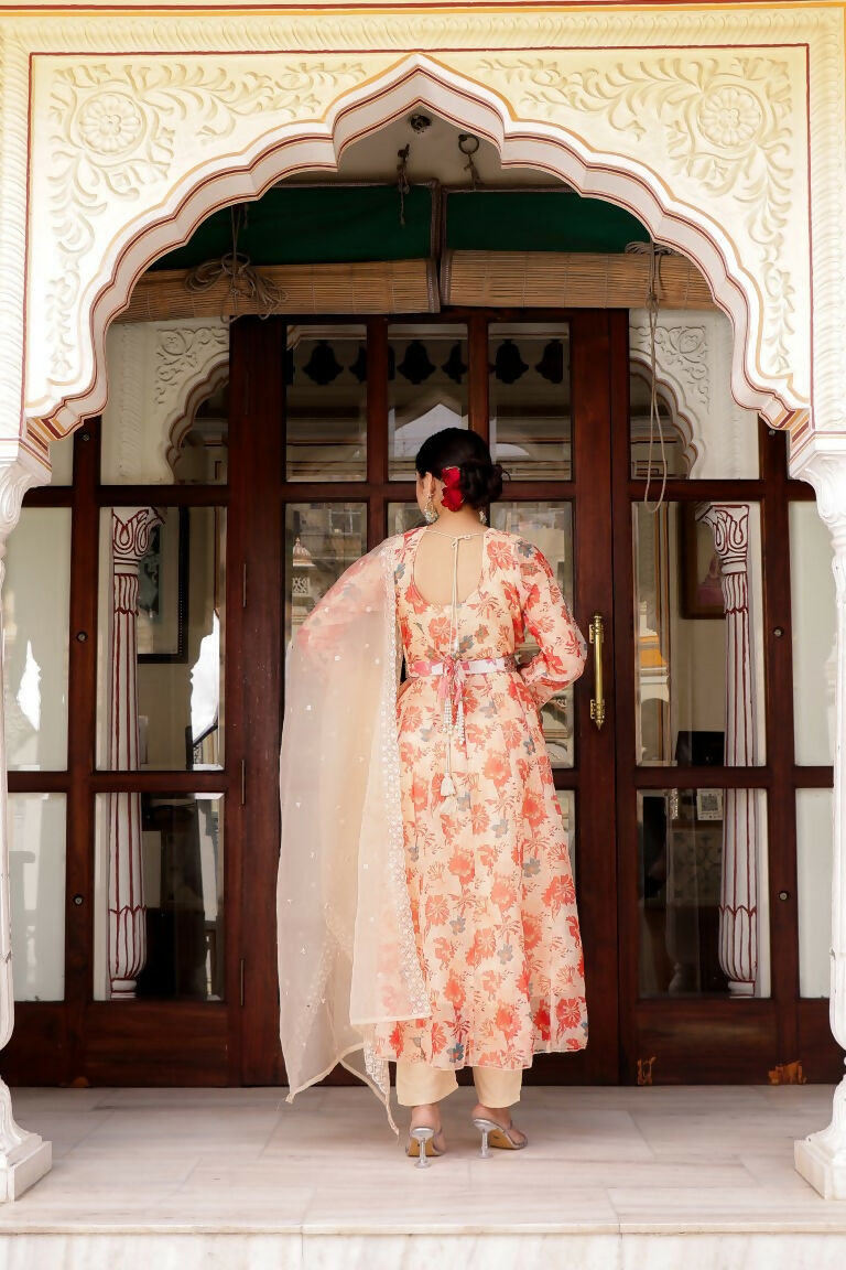 Vaasva Women Cream Organza Floral Print & Embroidered Anarkali Kurta, Pant & Dupatta set