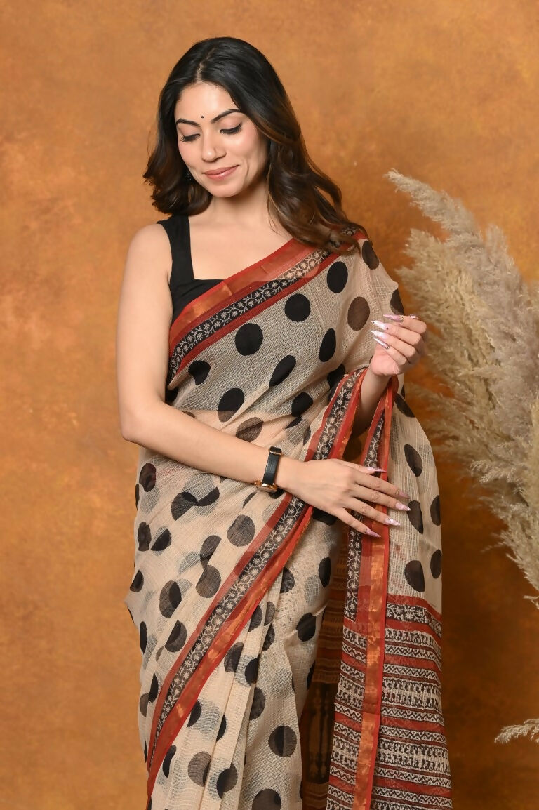Very Much Indian Handblock Printed Cotton Saree With Natural Dyes - White