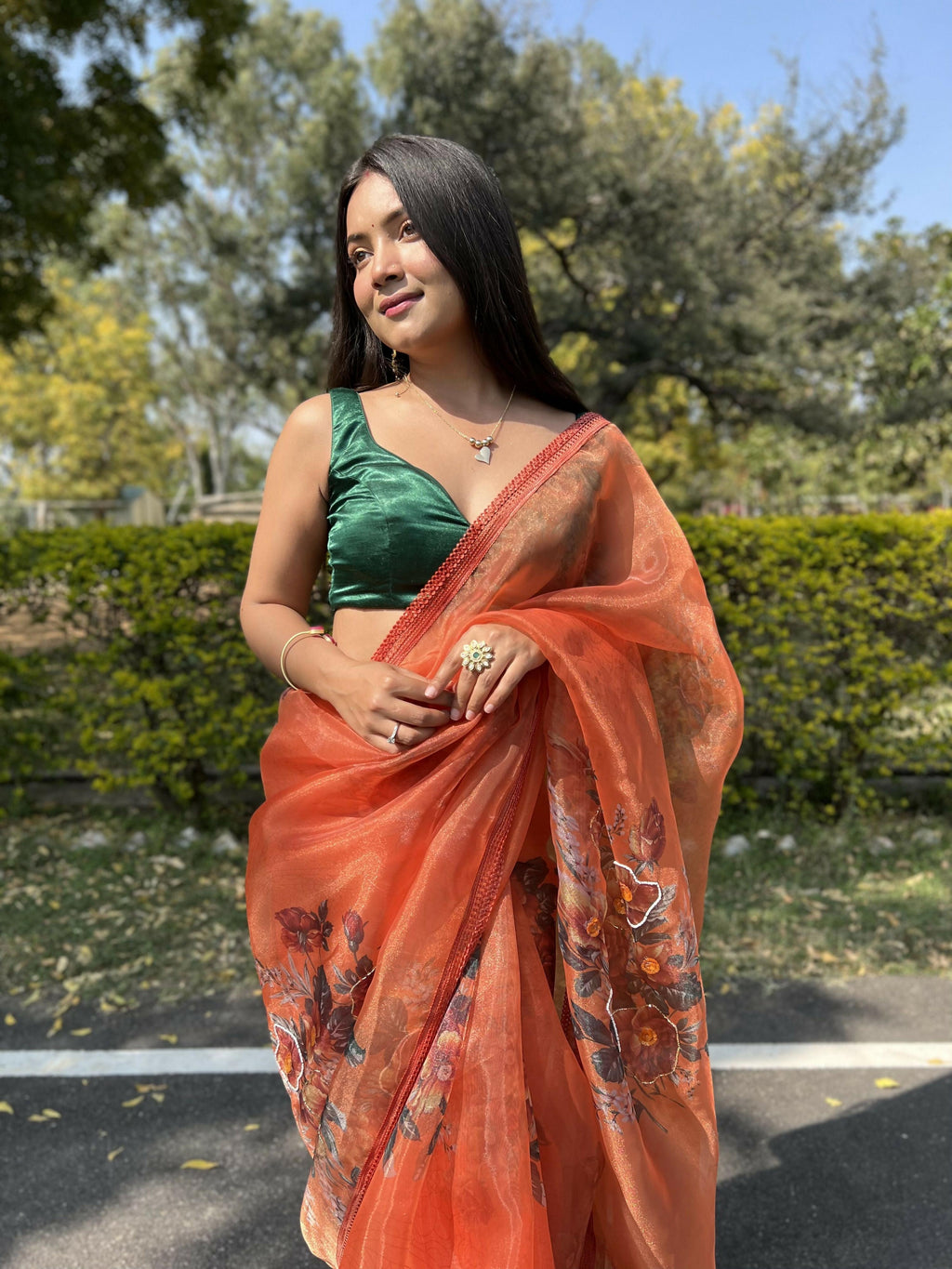 Vamsee Firozi Orange Organza Saree
