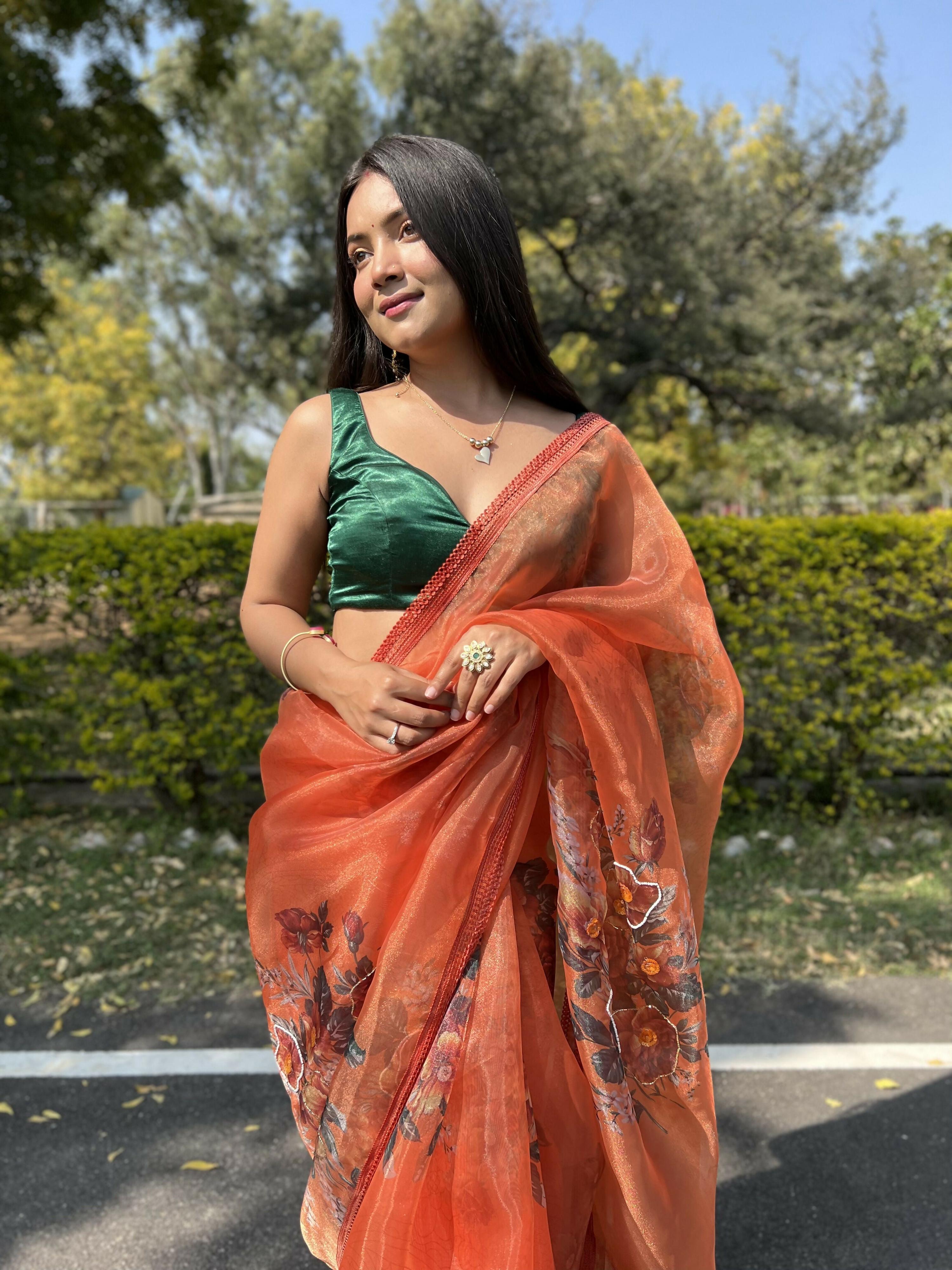 Vamsee Firozi Orange Organza Saree