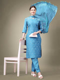 Jyoti Fashion Women's Sky Blue Cotton Blend Embroidery & Sequence work Kurta with Trouser & Dupatta