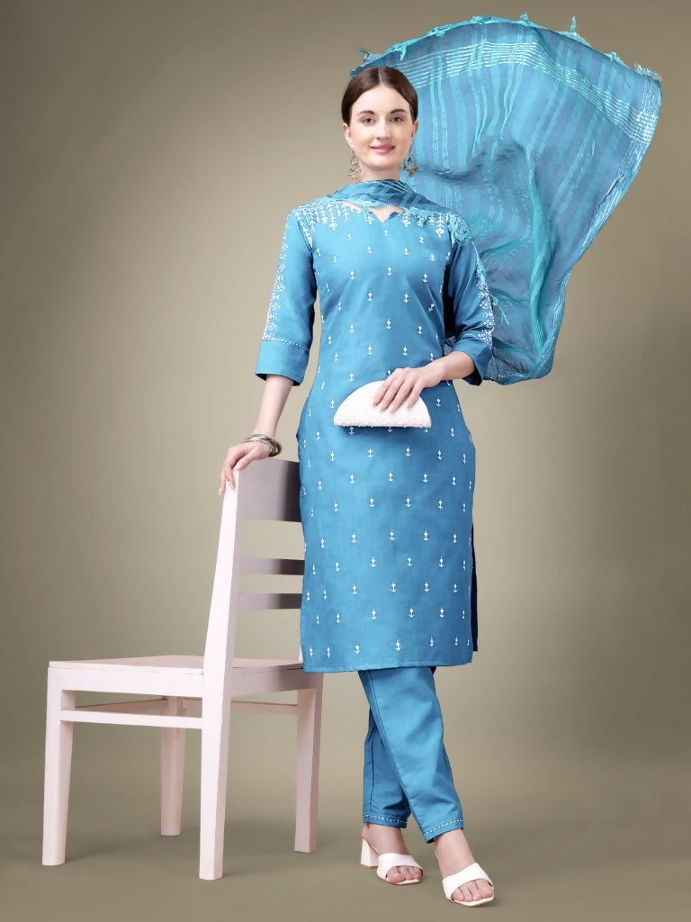 Jyoti Fashion Women's Sky Blue Cotton Blend Embroidery & Sequence work Kurta with Trouser & Dupatta