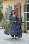 Vastranavya Navy Blue Pure Cotton Printed Top with Pant & Dupatta Set