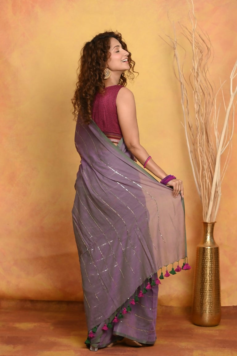 Very Much Indian Designer Mul Cotton Handloom Saree with Sequins - Dual Tone Lavender