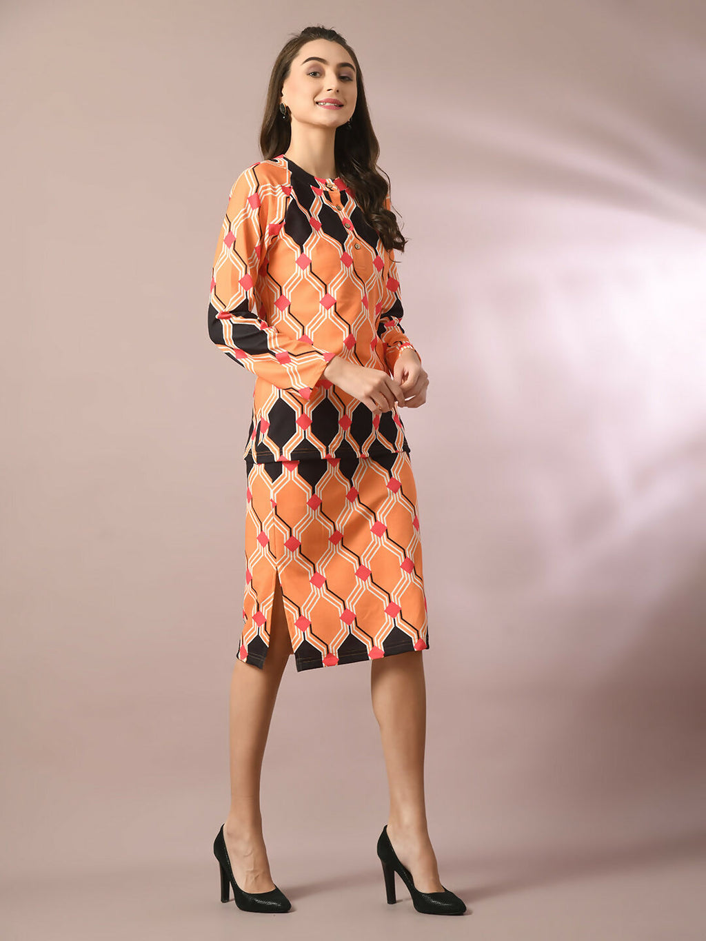 Myshka Women's Multi Printed Round Neck Party Top With Skirt Co-ord set