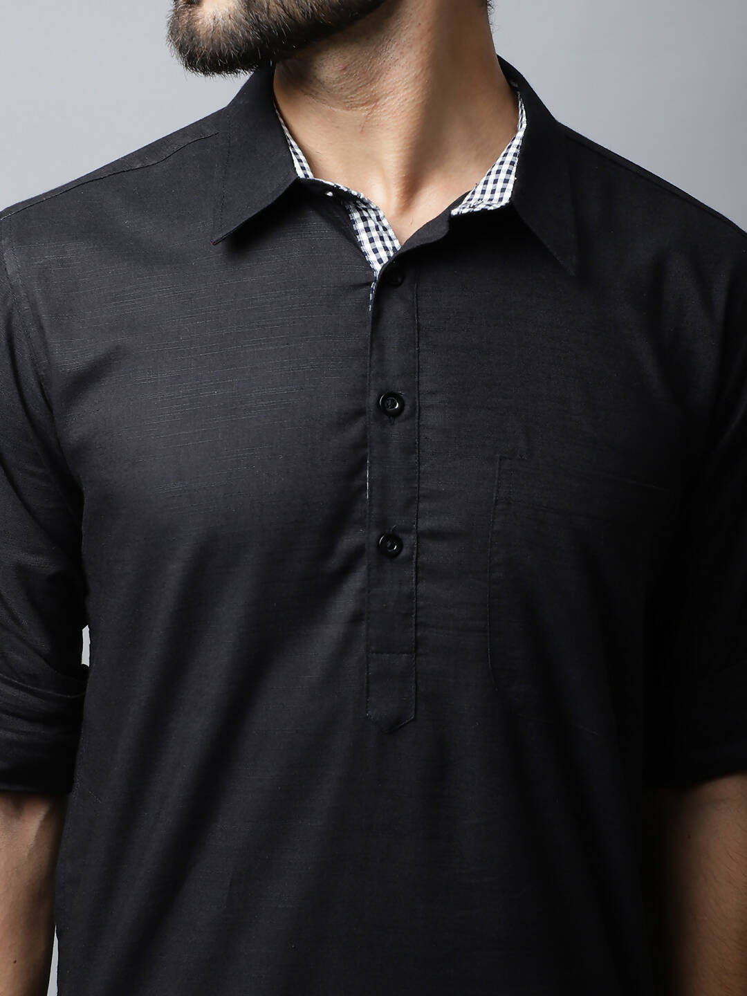 Even Apparels Black Color Linen Solid Men's Kurta With Shirt Collar (LN761)