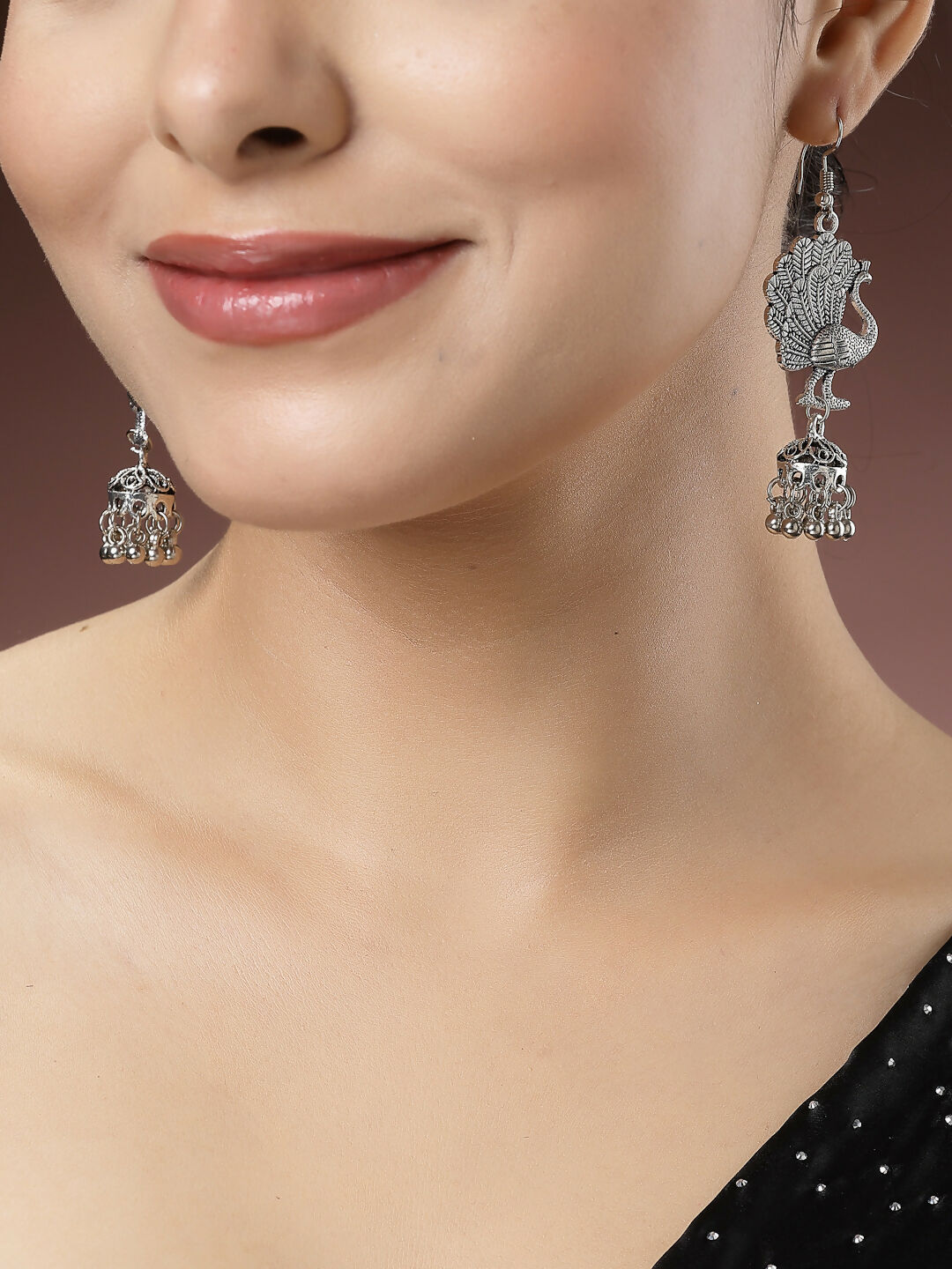 NVR Women's Set of 3 Silver-Toned German Silver Oxidised Dome Shaped Jhumka Earrings