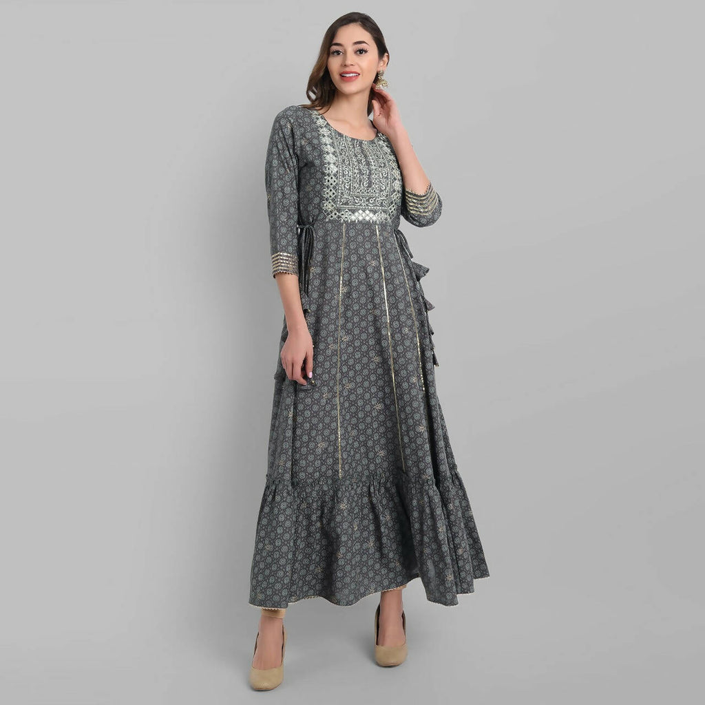 Juniper Grey Rayon Festive Wear Embroidered Tiered Long Dress