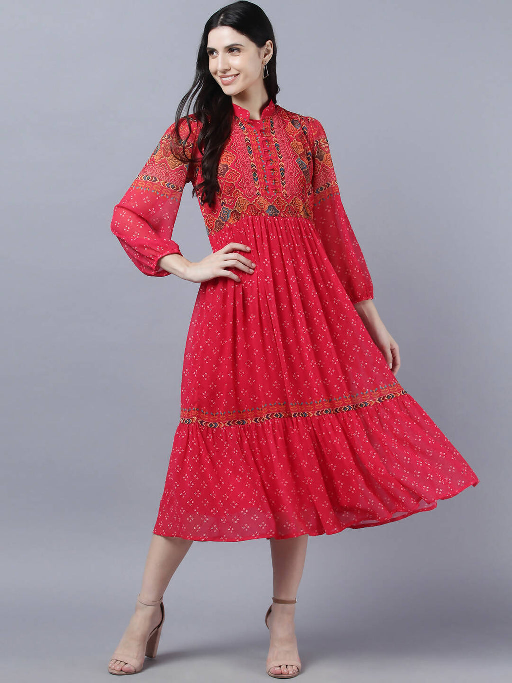 Myshka Stylish Red 3/4 Sleeve Women's Dress