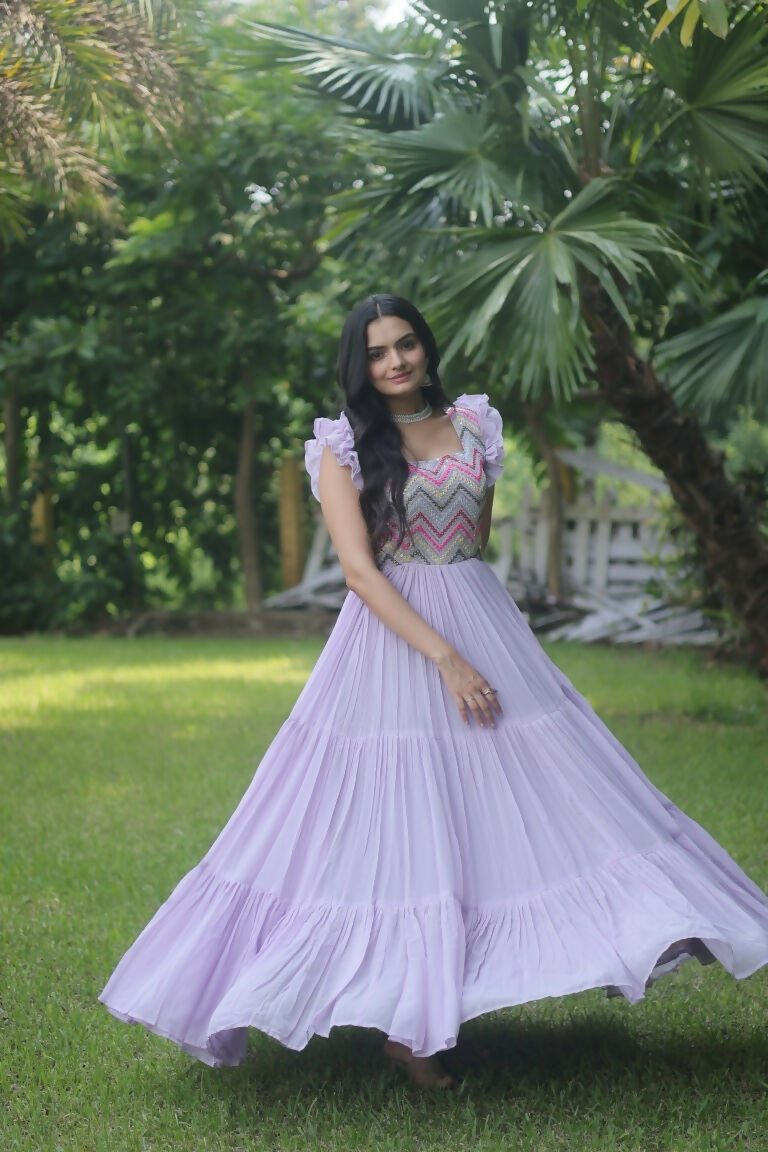 Jyoti Fashion Women's Purple Sequins Thread Embroidery Faux Georgette Anarkali Dress