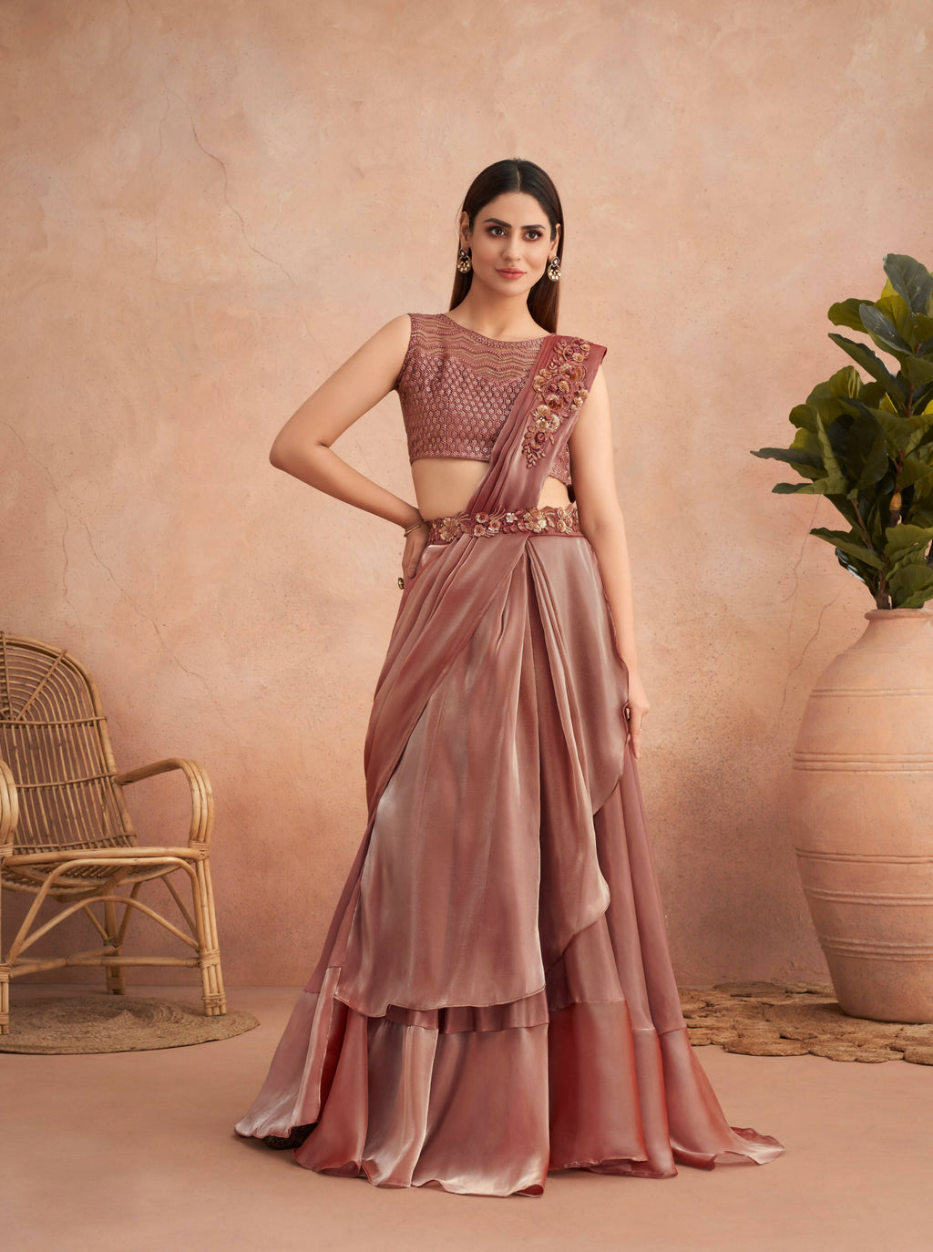 Pink Satin Embroidered Ready To Wear Saree With Unstitched Blouse Piece - Nandika