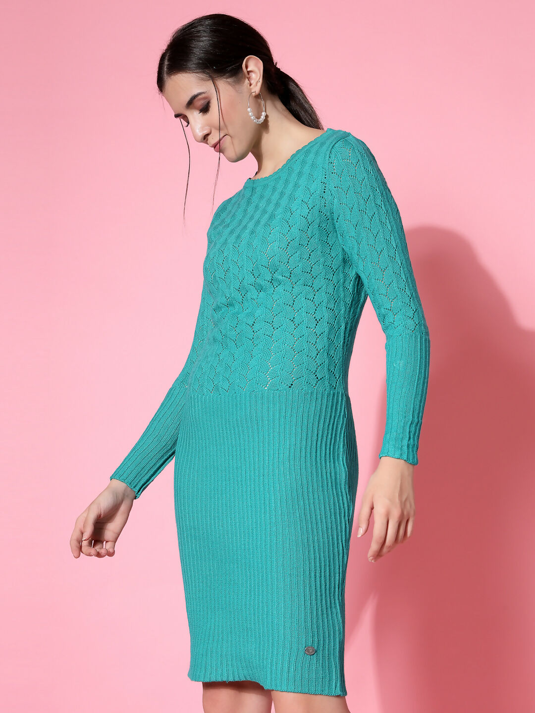 Women Green Acrylic Self Design Winter Dress - Wool Trees