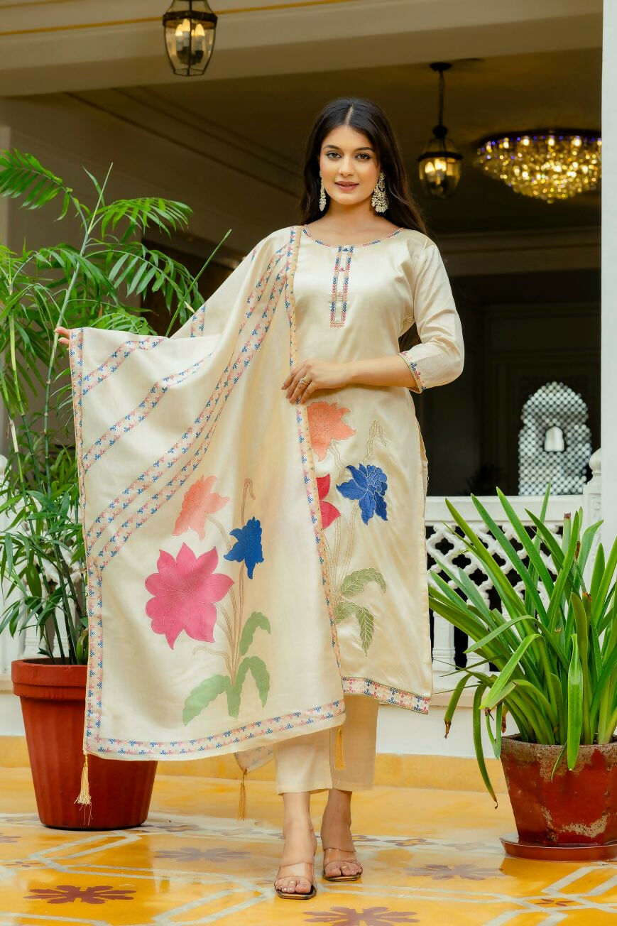 The52 Chiku Women's Beautiful Thread Work Viscose Assam Silk Fabric with Straight Kurta, Pant and Dupatta Set