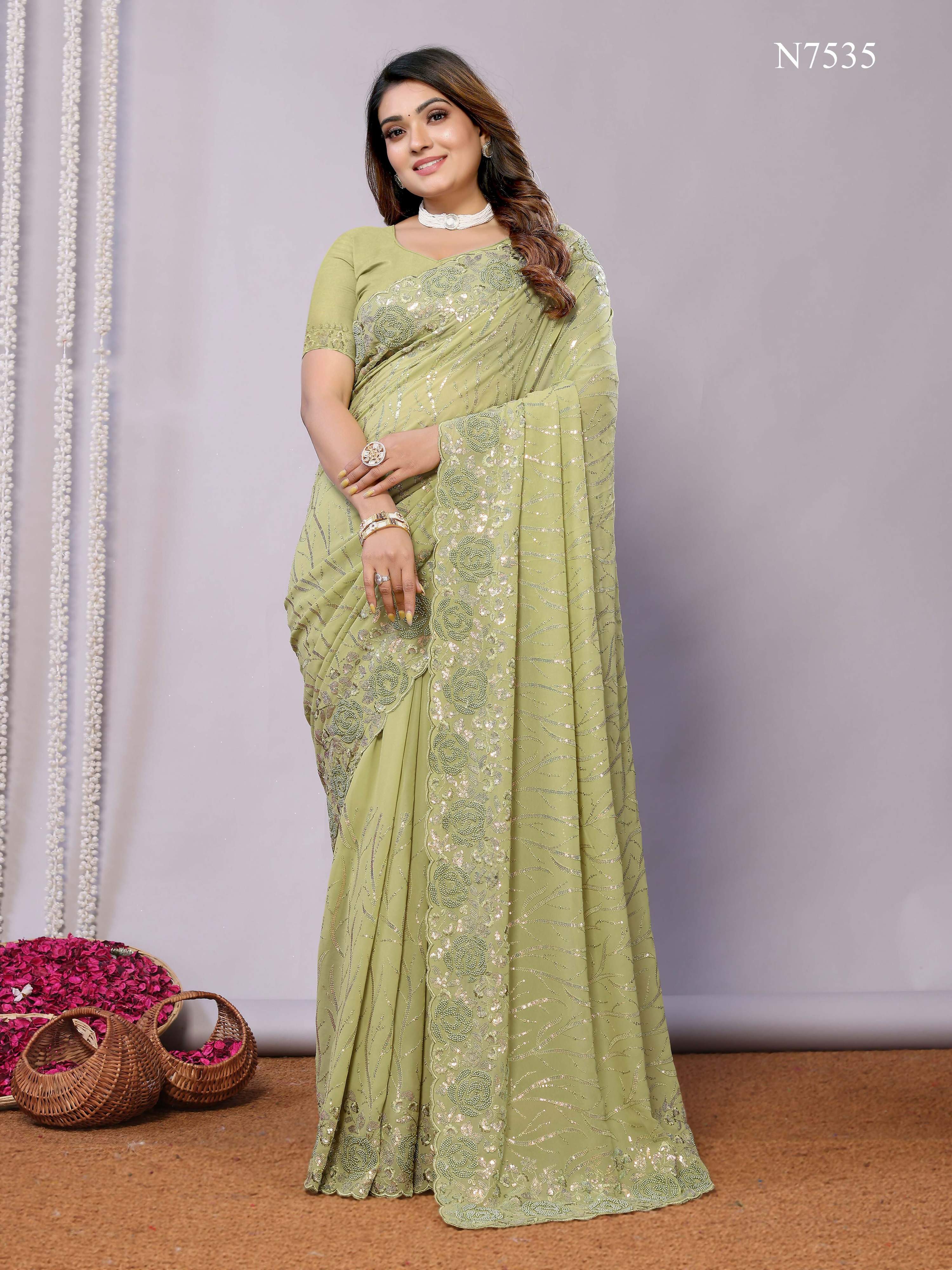 Green Pure Georgette Embroidered Saree With Stitched Blouse - Nimaya Kaksha