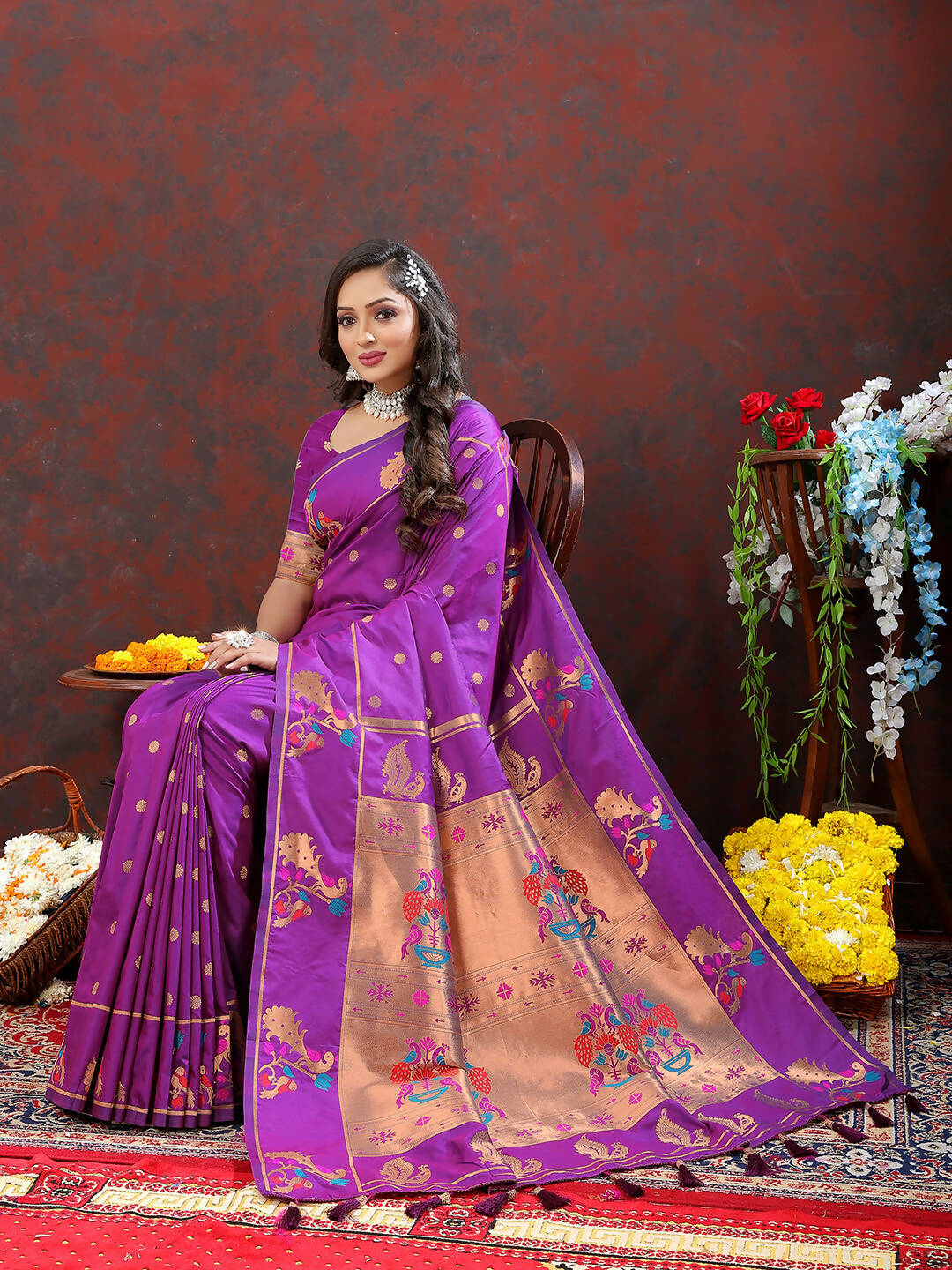 Lorenvalley Fashion Wine Soft Paithani Silk Woven Design Copper Zari Meenakari Weaving Saree