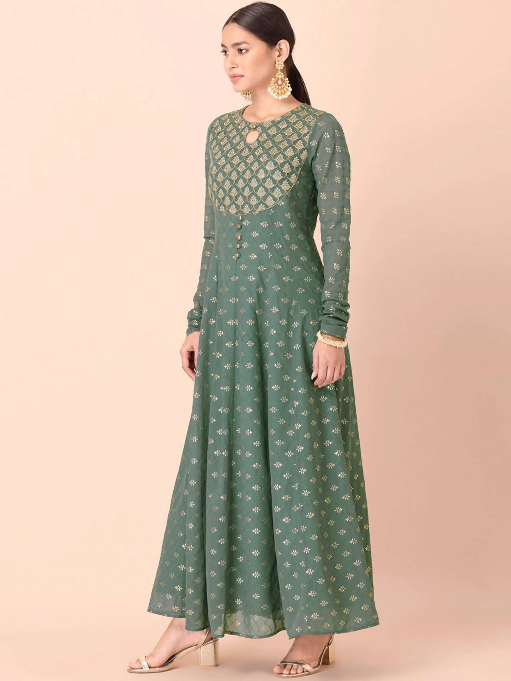Indya Green & Gold-Toned Ethnic Motifs Printed Georgette Anarkali Kurta
