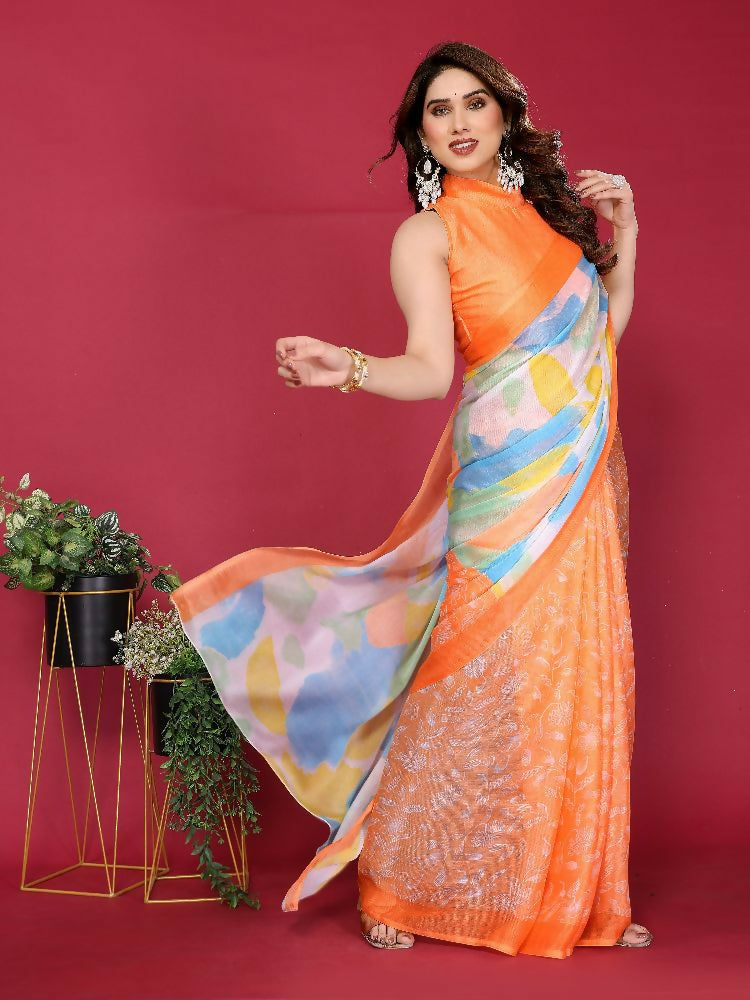 PR Fashion Orange Moss Chiffon Printed Saree
