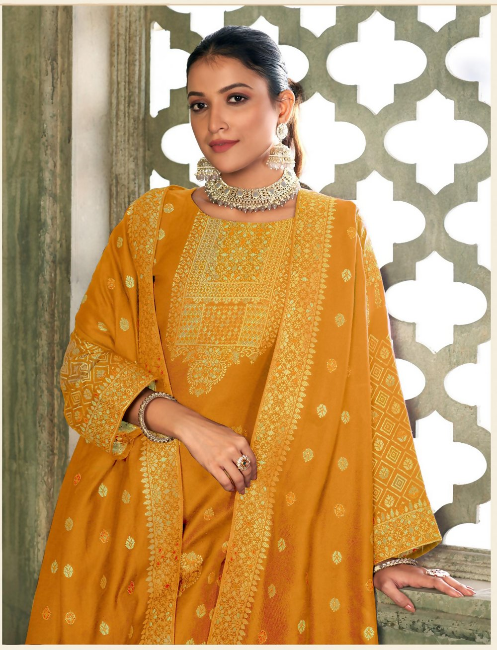 Mustard Viscose Pasmina Mina Work Kurta & Bottom with Dupatta - Paridhi