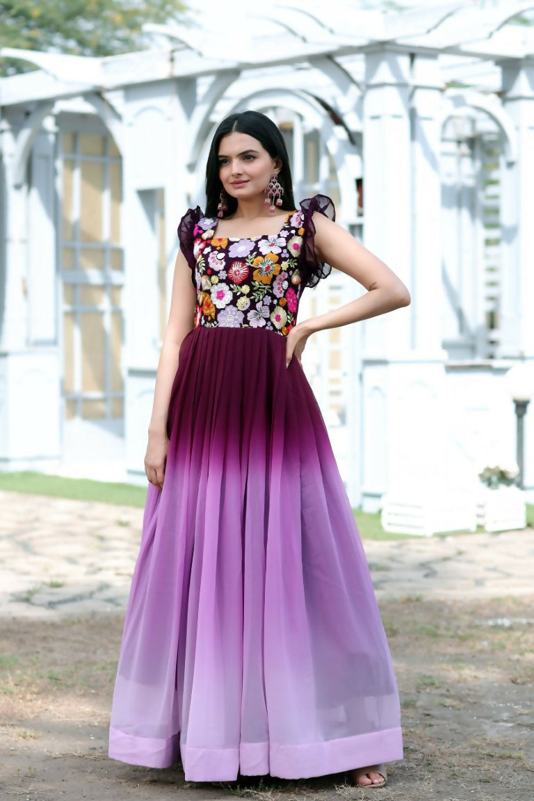 Jyoti Fashion Women's Wine Sequins Embroidery Faux Blooming Anarkali Dress