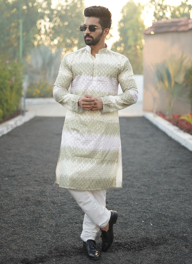 Prazu Fashion Mahendi Cotton Embroidered Shading Print Kurta