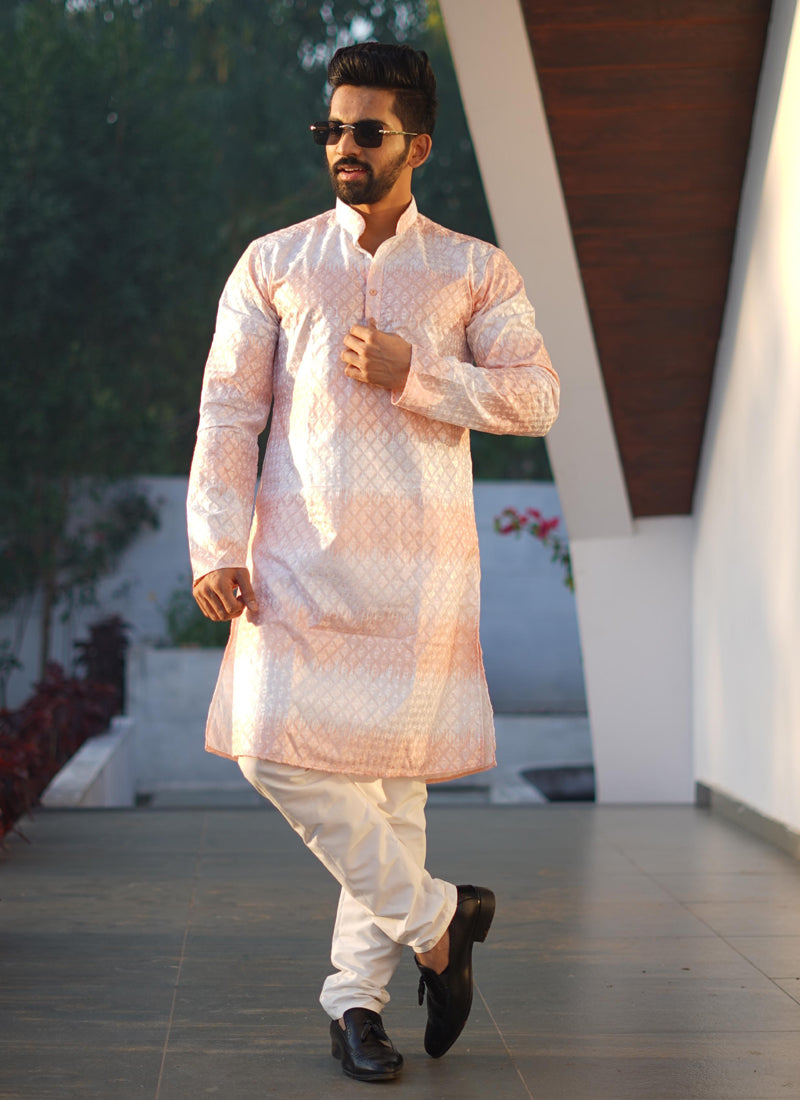 Prazu Fashion Light Orange Cotton Embroidered Shading Print Kurta