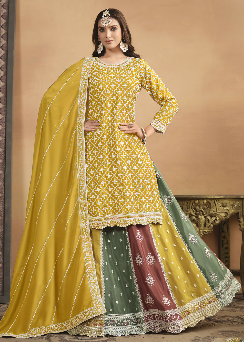 Chinnon Yellow Multicolor Embroidered Lehenga Style Suit - Emponline