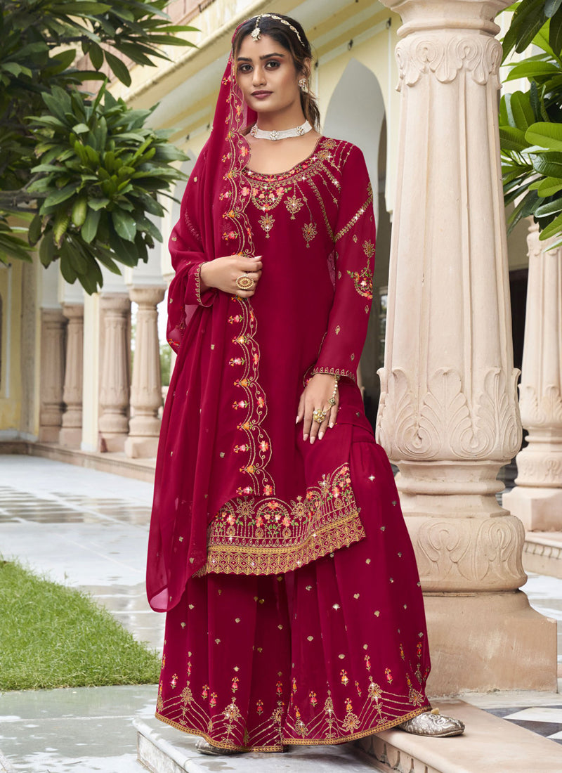 Vegaa Fashion Maroon Georgette Embroidery Designer Sharara Suit