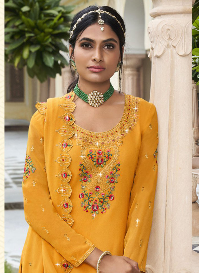 Vegaa Fashion Yellow Georgette Embroidery Designer Sharara Suit