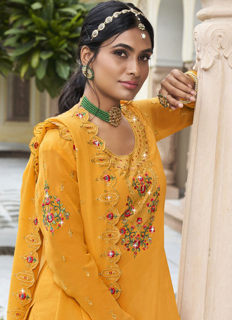Vegaa Fashion Yellow Georgette Embroidery Designer Sharara Suit