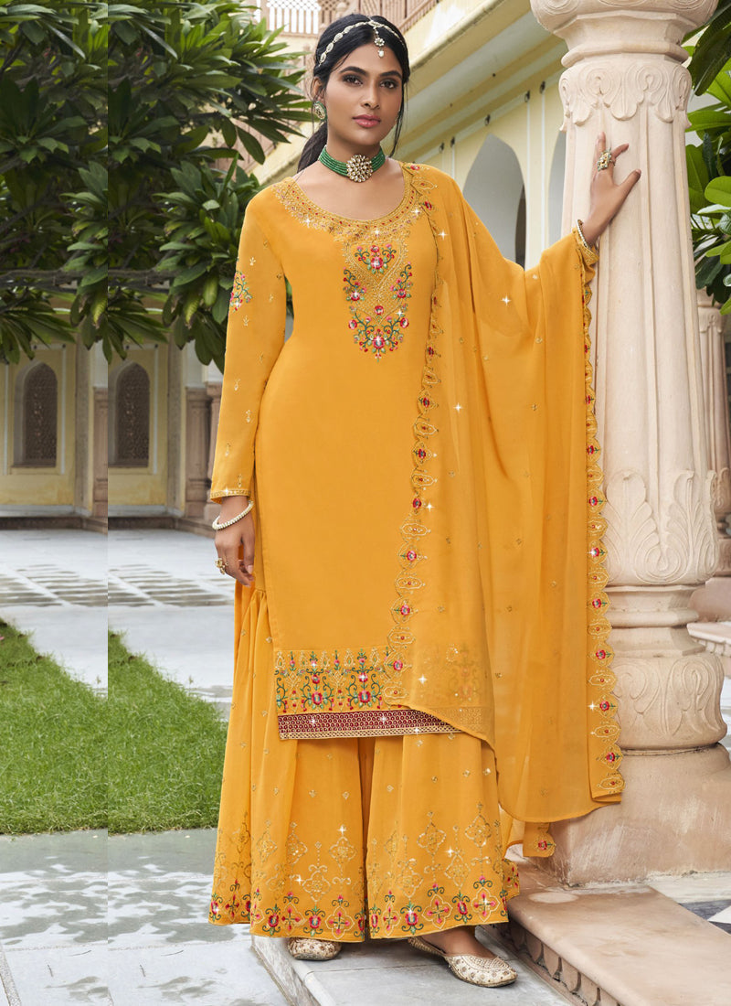 Vegaa Fashion Yellow Georgette Embroidery Designer Sharara Suit