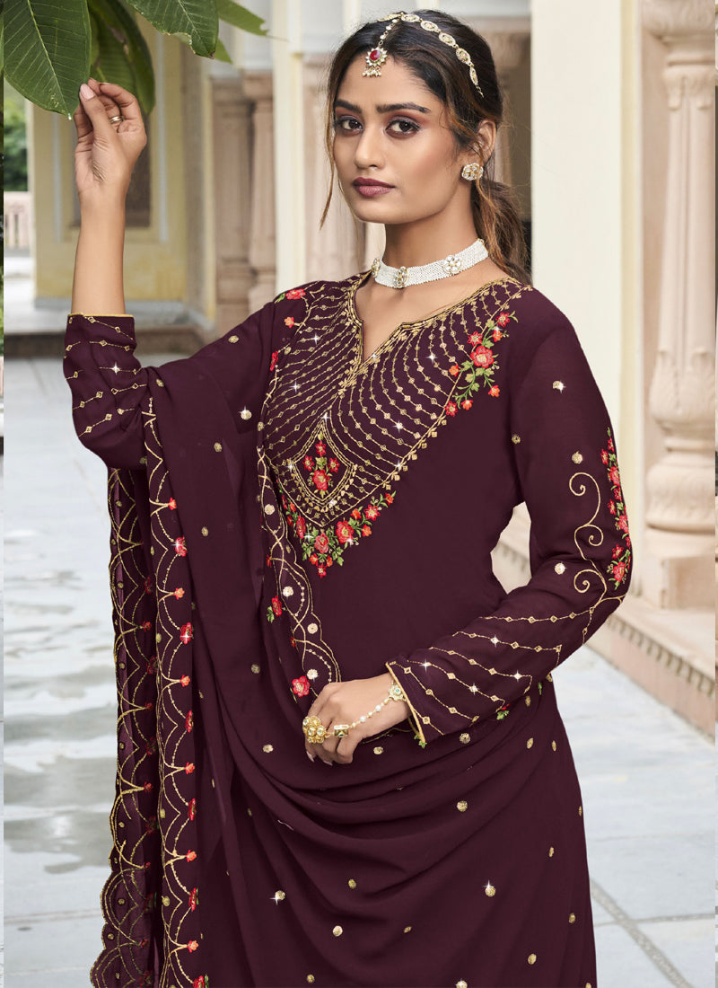 Vegaa Fashion Violet Georgette Embroidery Designer Sharara Suit