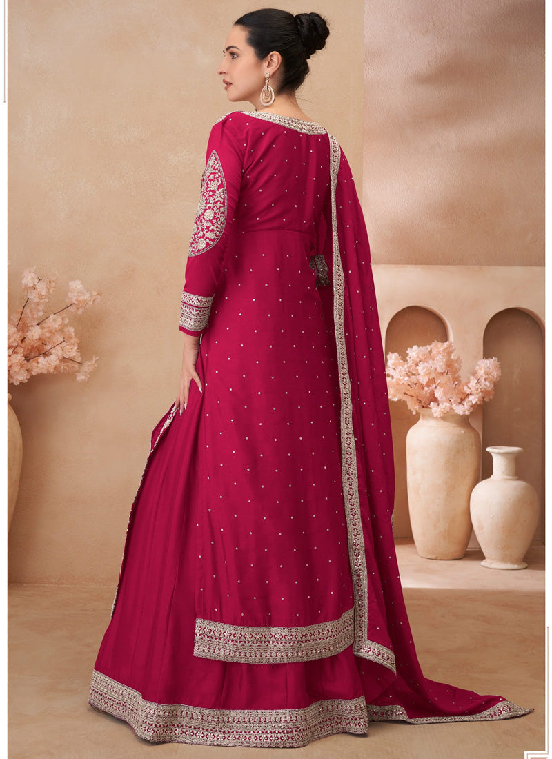 Vegaa Fashion Rani Pink Real Chinon Silk Embroidered Lehenga Style Suit