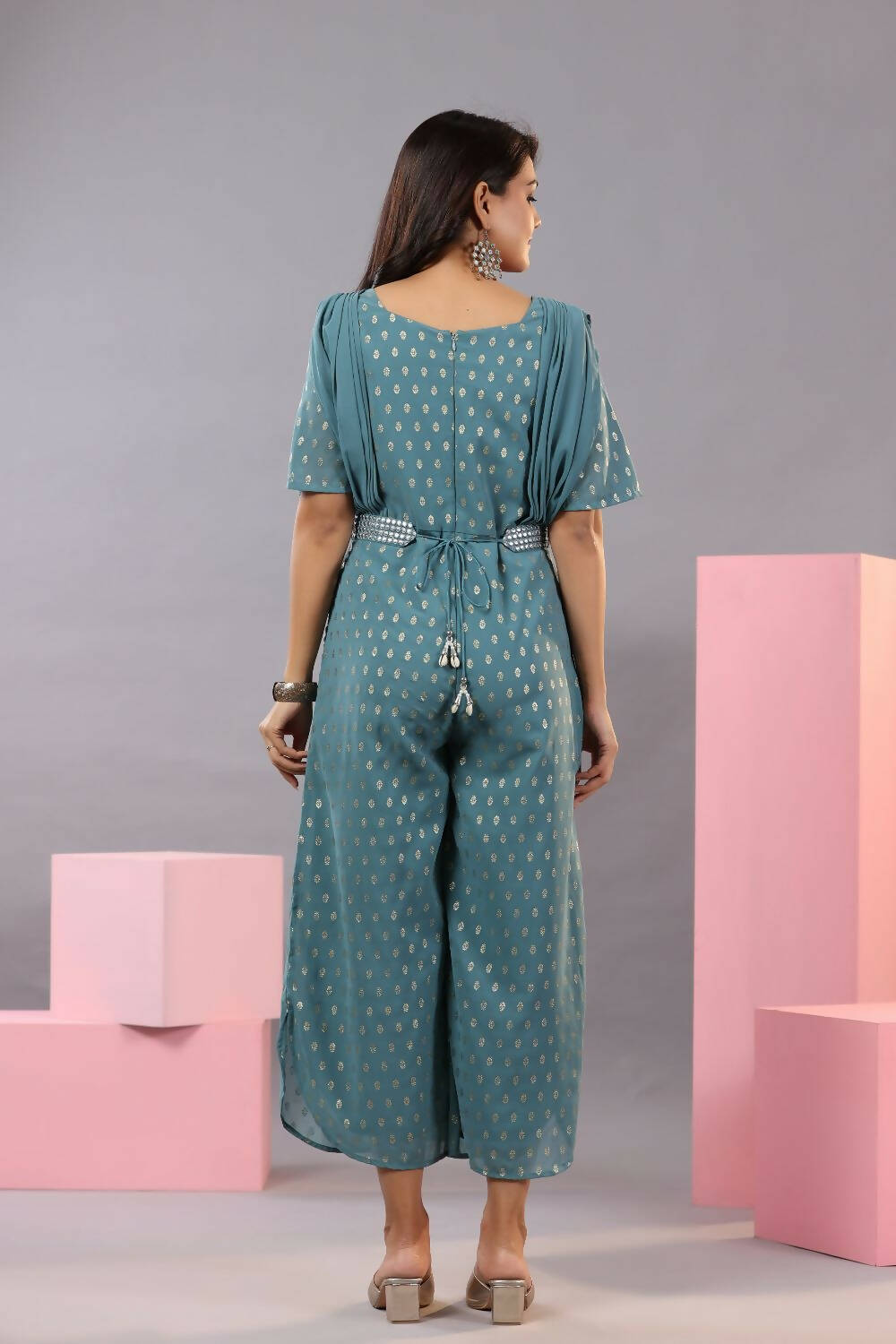 Juniper Women Teal Georgette Foil Printed Draped Jumpsuit