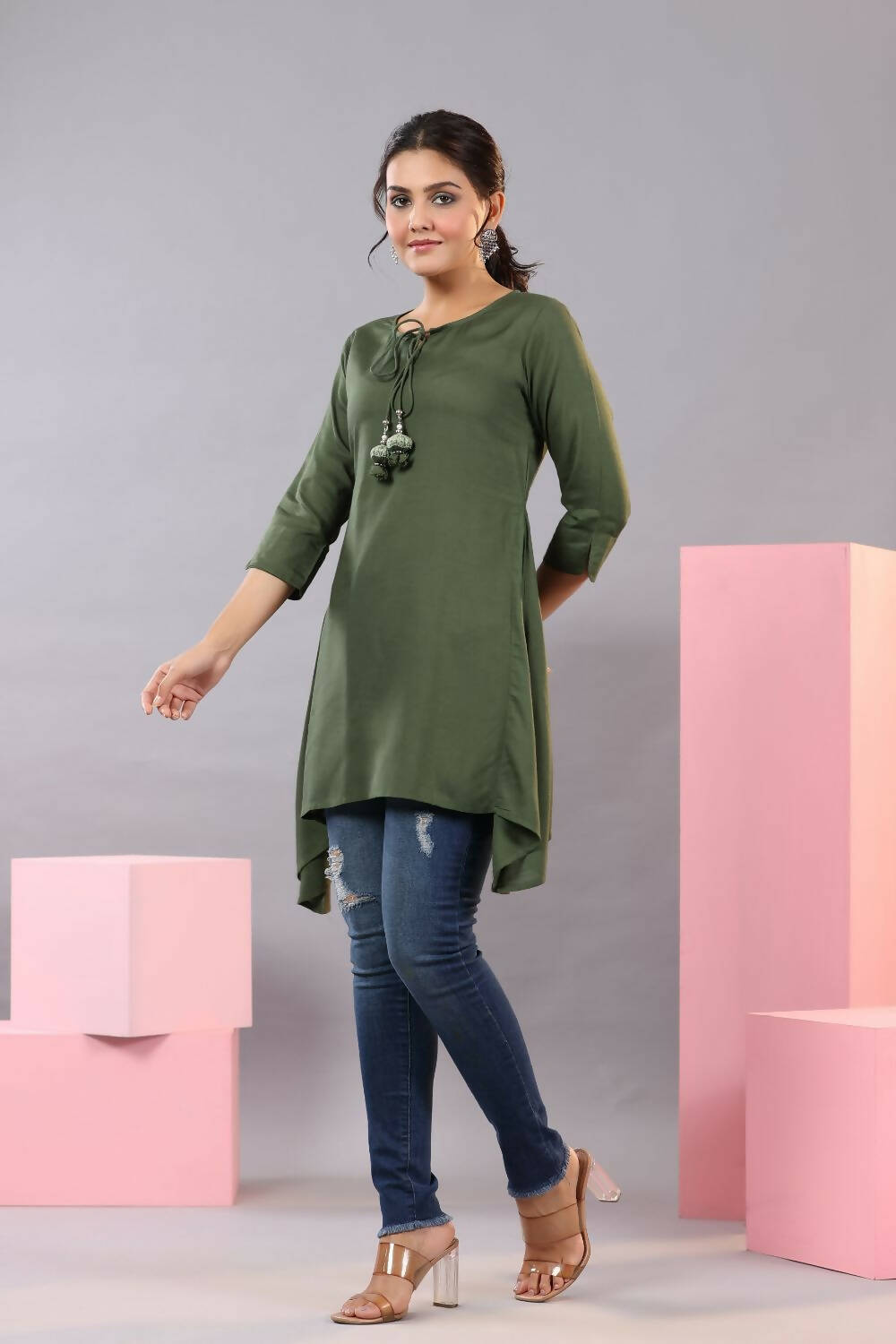 Juniper Women Olive Rayon Solid Asymmetric Kurta