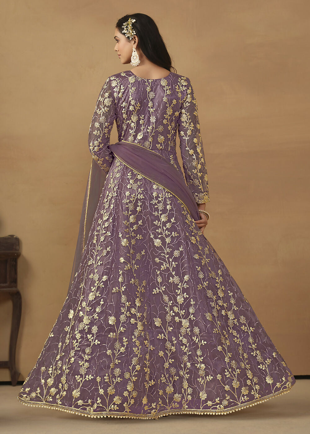 Pant Style Purple Embroidered Net Wedding Anarkali Suit - Emponline