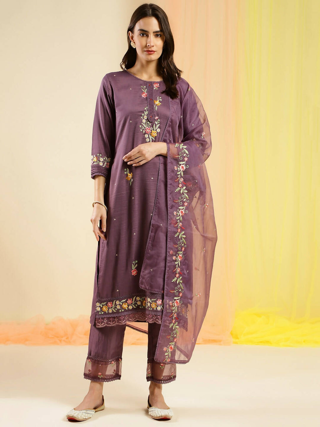Wine Chinon Embroidered Straight Kurta with Trouser & Dupatta - Salimar