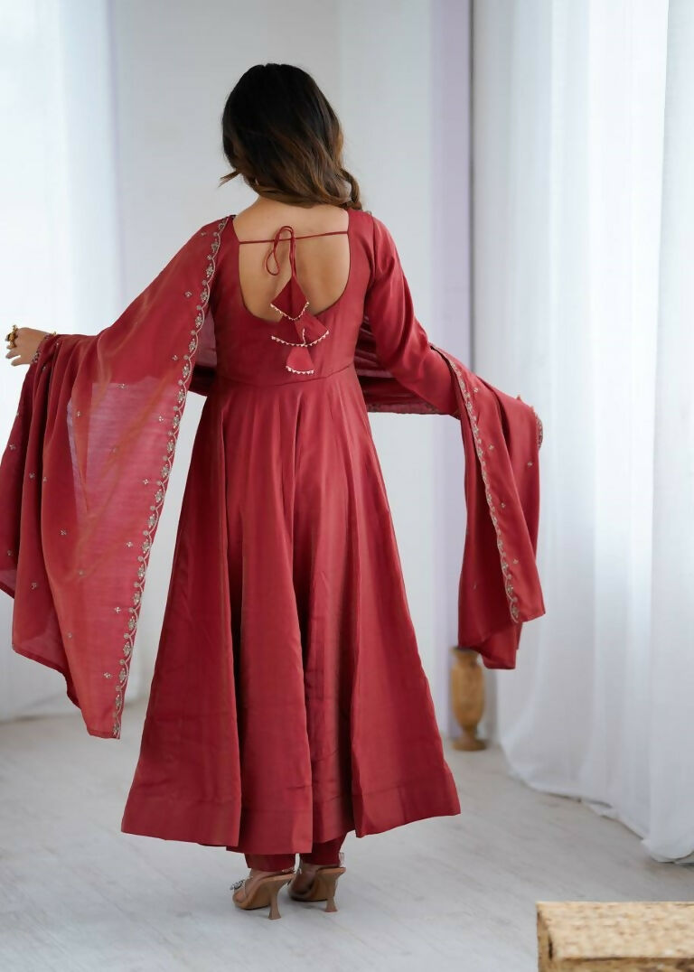 Teeya Creation Brown Color Pure Roman Silk Party Wear Designer Gown