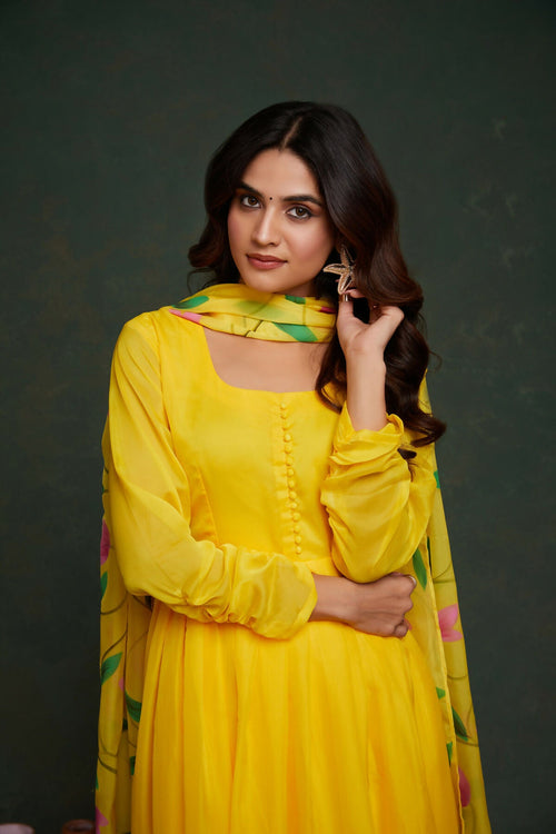 Aayaa Viscose Organza Dyeable Hand Painted Suit - Lemon Yellow
