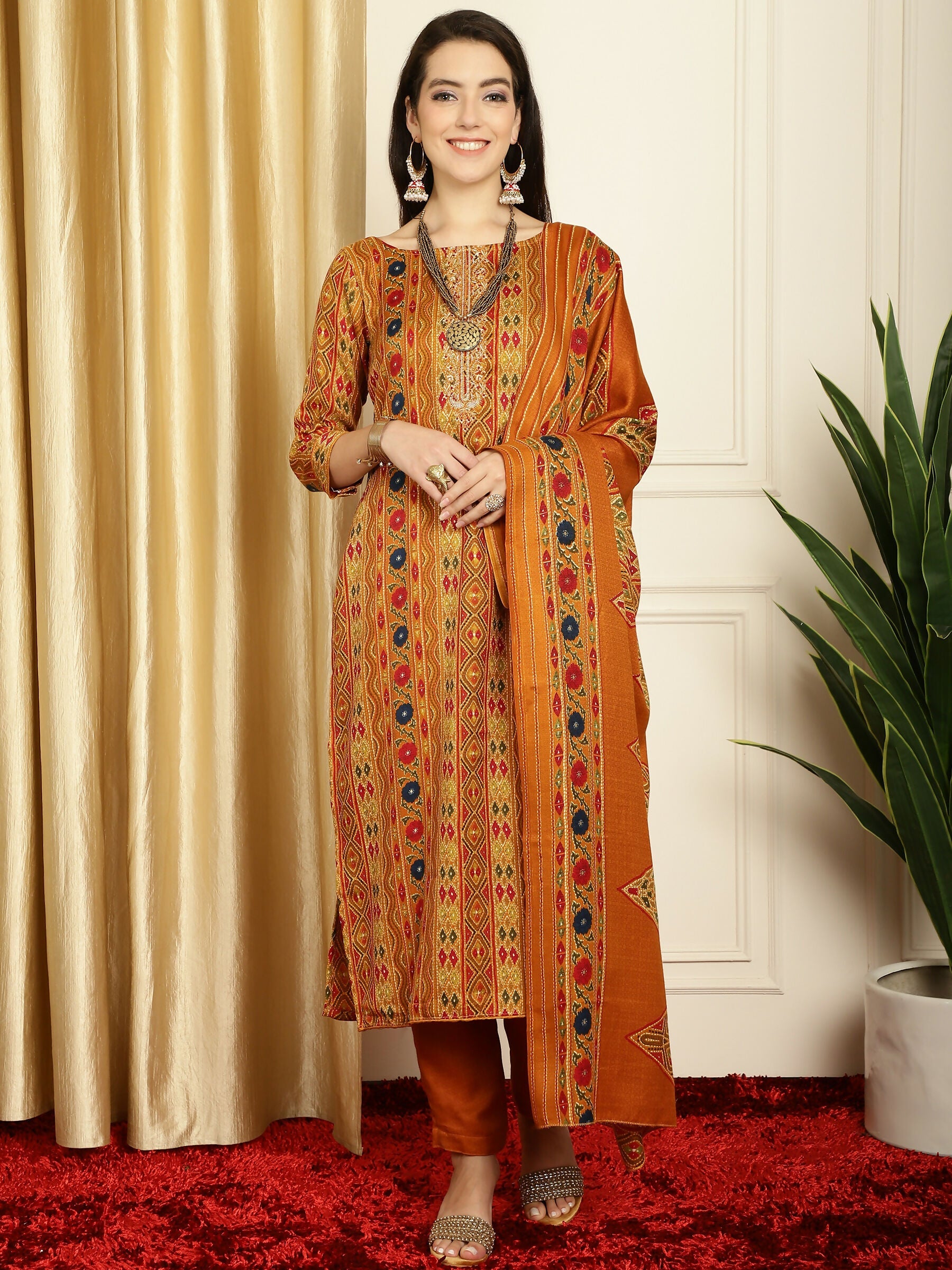 Jyoti Fashion Women's Mustard Pashmina Floral Digital Printed Kurta with Trouser & Dupatta