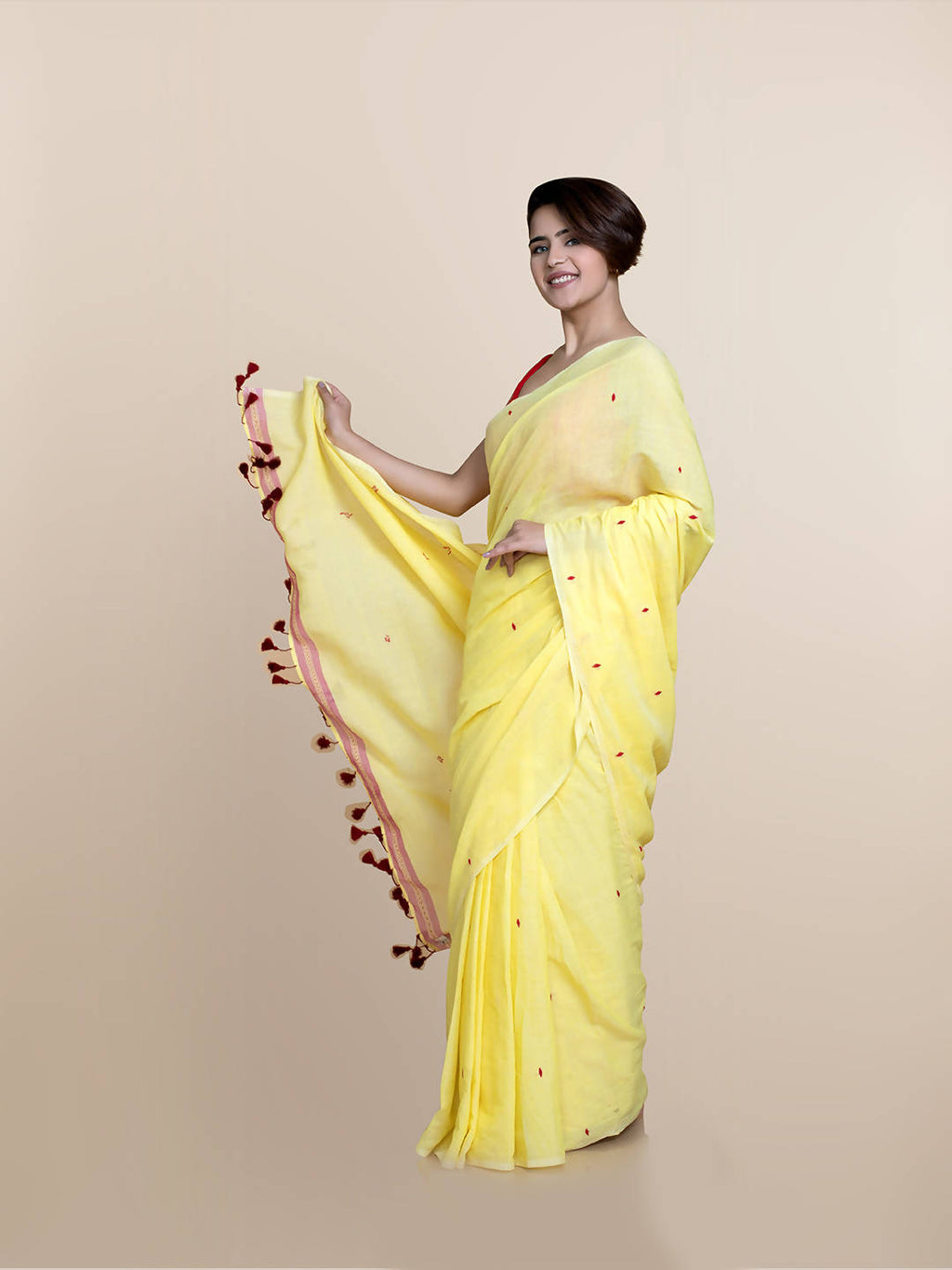 Suta Yellow Maroon Pure Cotton Saree