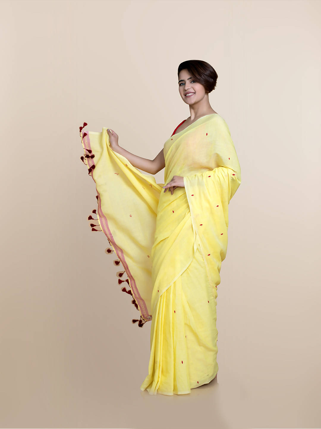 Suta Yellow Maroon Pure Cotton Saree