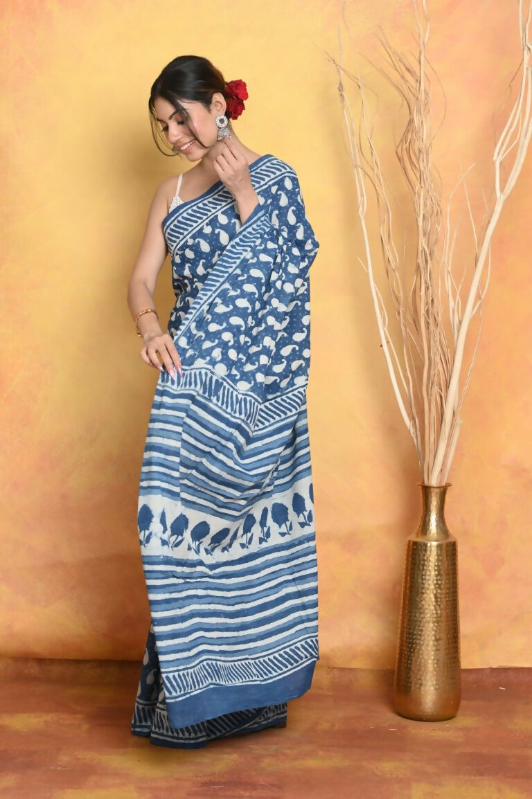 Very Much Indian Handblock Printed Cotton Saree With Natural Dyes - Blue