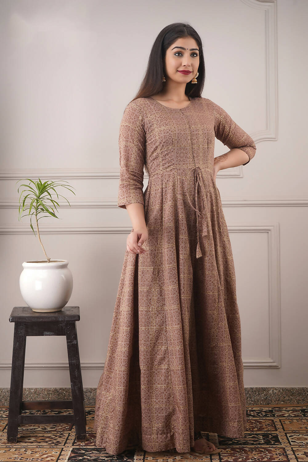 Partywear Designer Hand Screen and Foil Print Lightbrown Pure chanderi Gown - Anbazaar