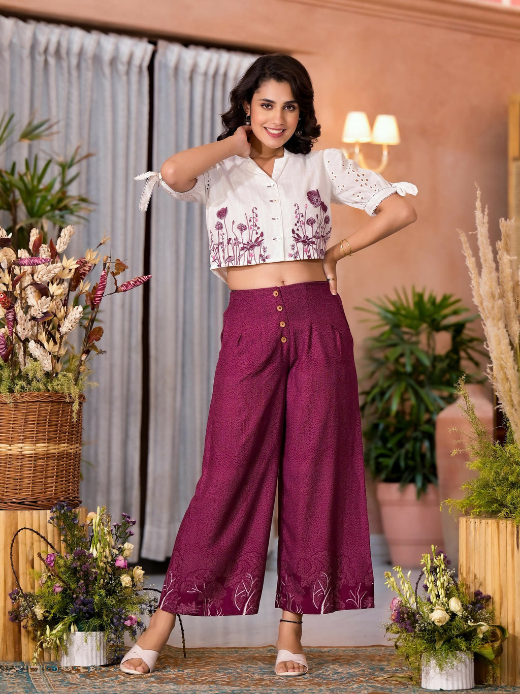 Juniper Women's Wine Thread Embroidered Cotton Shirt Crop Top & Pant Co-Ord Set With Buttons & Tie-ups