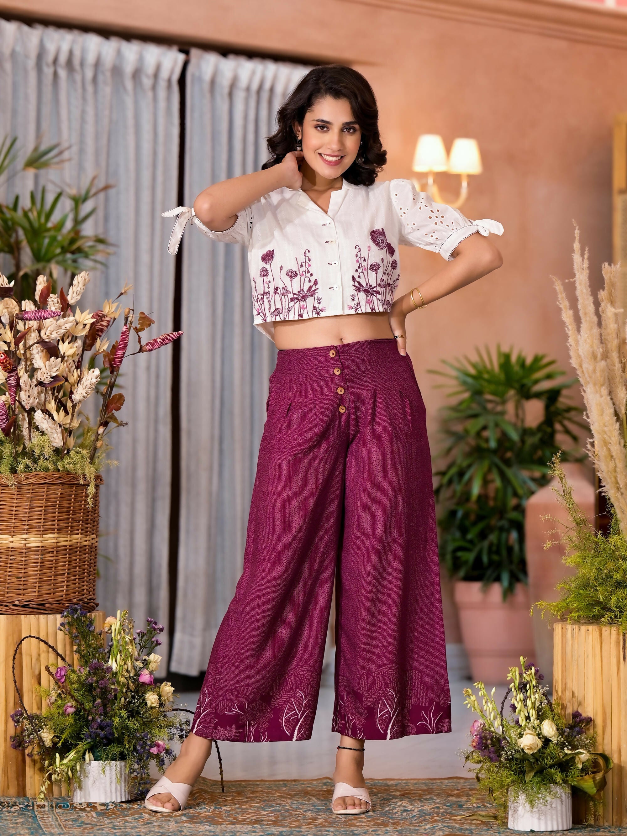 Juniper Women's Wine Thread Embroidered Cotton Shirt Crop Top & Pant Co-Ord Set With Buttons & Tie-ups