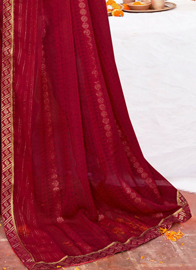 Maroon Georgette Foil Printed Saree with Unstitched Blouse Piece - Avika