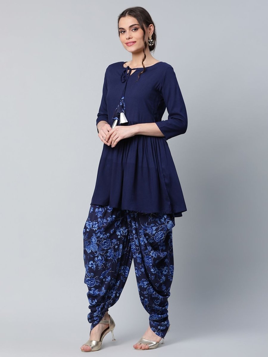Ahalyaa Women Navy Blue Rayon Floral Empire Kurti with Dhoti Pants